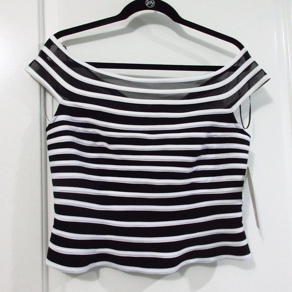 JS Signature striped mesh peplum top Blk/Wht 12 - Picture 1 of 6